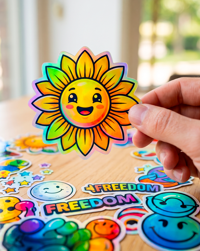 Sticker holographique en forme de tournesol tenu à la main